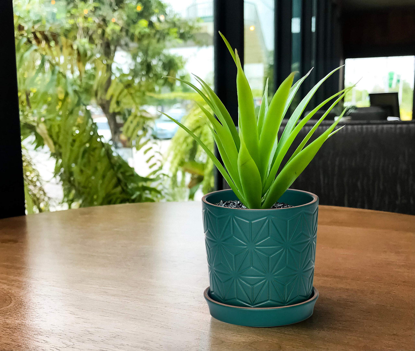D'vine Dev Ceramic Flower Plants Pots Planter, 3.8 Inch 5.8 Inch Stoneware Planter Pot with Drainage Hole and Saucer, Set of 2, Dark Blue Green, 99-E-4