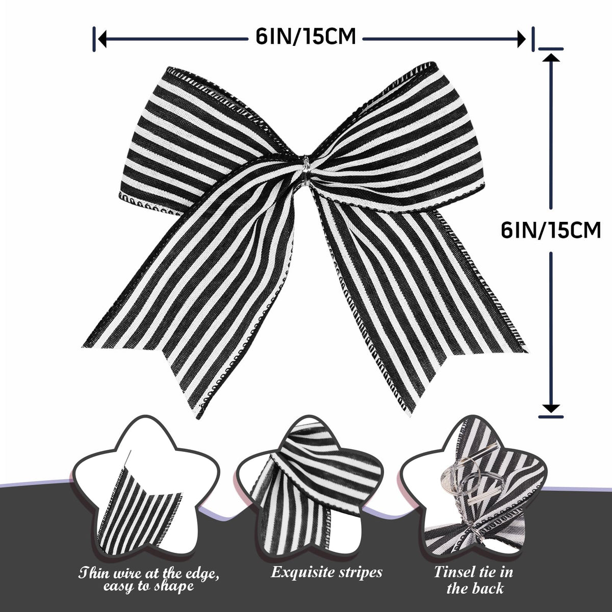 12 Pcs Black White Stripe Bows Halloween Tree Decorations,6 Inch Fall Ornaments for Christmas Tree Front Door Holiday Gothic Party Wreath Wall Home Decor
