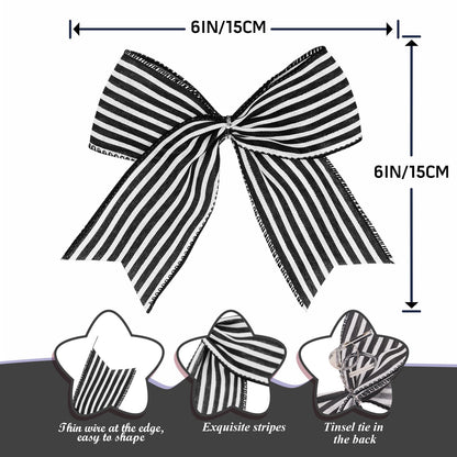 12 Pcs Black White Stripe Bows Halloween Tree Decorations,6 Inch Fall Ornaments for Christmas Tree Front Door Holiday Gothic Party Wreath Wall Home Decor