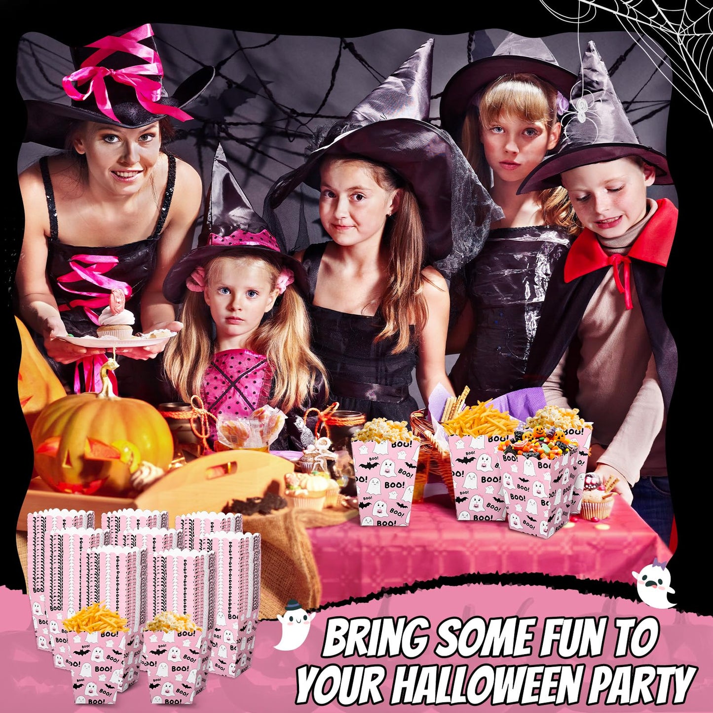 Whaline 100 Pcs Halloween Mini Popcorn Boxes Pink Ghost Bat Popcorn Bucket Boo Candy Favor Boxes for Trick or Treat Movie Night Party Supplies, 3 x 2.2 x 4.2 Inch