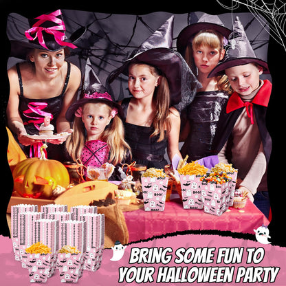 Whaline 100 Pcs Halloween Mini Popcorn Boxes Pink Ghost Bat Popcorn Bucket Boo Candy Favor Boxes for Trick or Treat Movie Night Party Supplies, 3 x 2.2 x 4.2 Inch