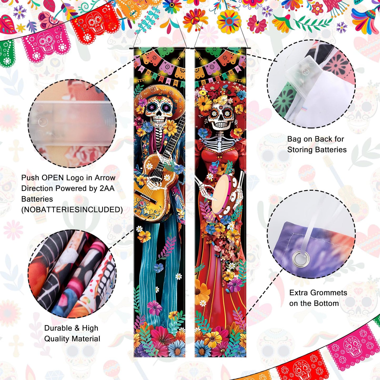 VitalCozy 3 Pcs Day of the Dead Decorations Dia De Los Muertos Door Cover with LED Lights Mexican Dia De Los Muertos Altar Party Porch Sign Halloween Sugar Skull Door Banner Backdrop for Fiesta Party