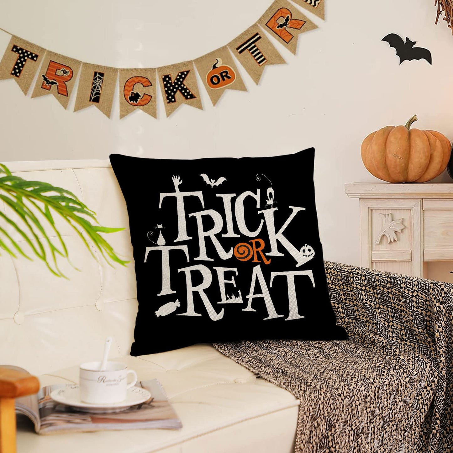 Neatee Living Halloween Pillow Covers 16x16 Set of 4 Trick or Treat Decorative Throw Pillows Cover Black Spider Webs Pillow Cases Home Outdoor Sofa Couch Cushion Covers for Halloween Decor (16 by 16)