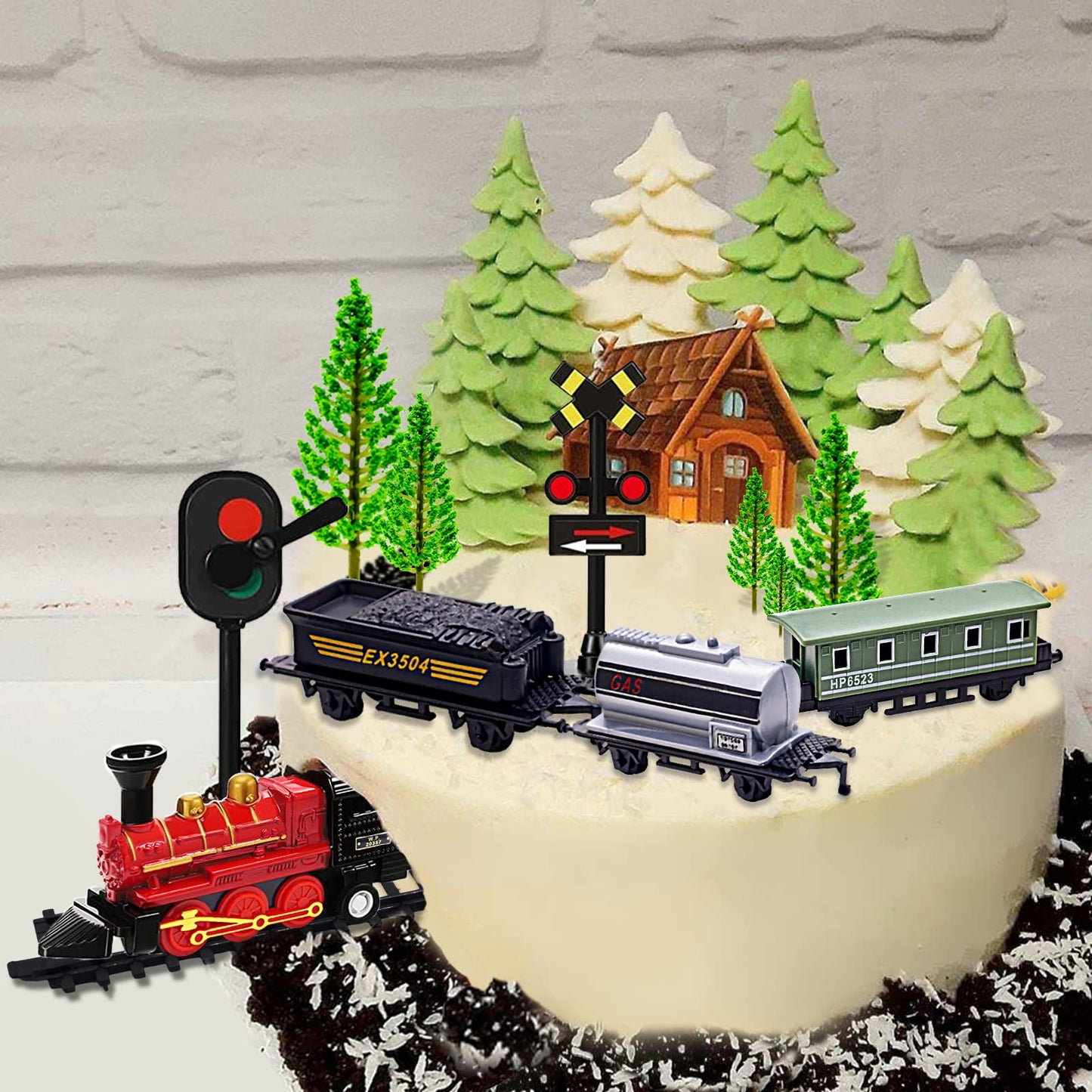 MEMOVAN Train Cake Toppers 13pcs Train Cake Decorations Mini Trains Toy Traffic Track Railway Lights Cake Topper Decorations for Boy's Kids Steam Trains Theme Birthday Party Supplies