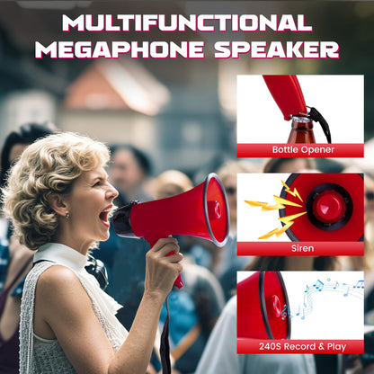 MyMealivos 20W Megaphone Bullhorn, Built in Siren & 240s Recording, 5.4"×8.6" Portable Megaphone with Volume Control Cover Up to 300 feet+ for Indoor and Outdoor Activities(Red)