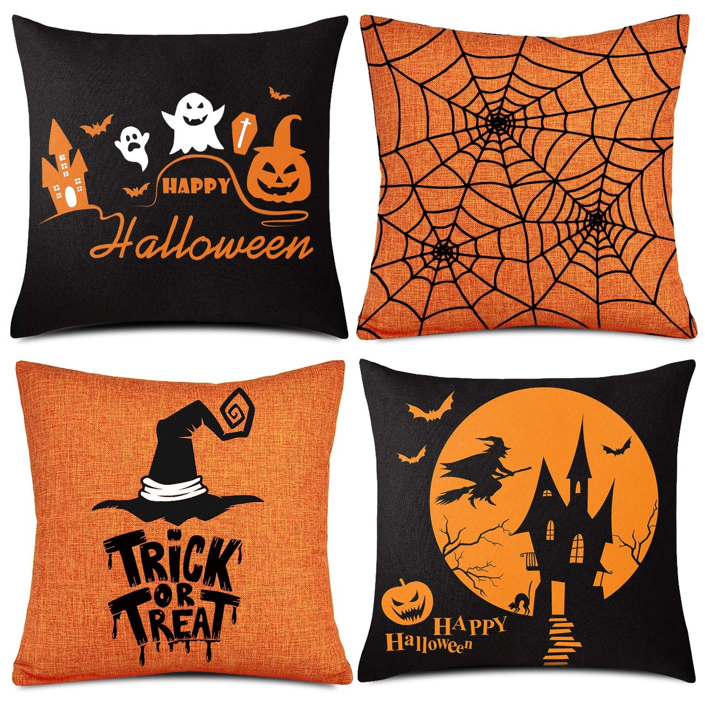 Whaline Halloween Pillow Case Large Orange and Black Pillow Cover 20" x 20" Happy Halloween Spider Ghost Pumpkin Linen Sofa Bed Throw Cushion Cover Decoration for Home Office, 4pcs