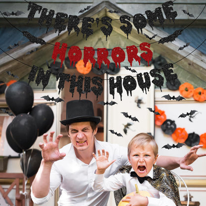 Halloween Party Decorations, There's Some Horrors in This House Banner - Fufuddz Funny Glitter Bloody Scary Happy Birthday Garland with Bat Stickers Trunk or Treat Bachelorette Supplies