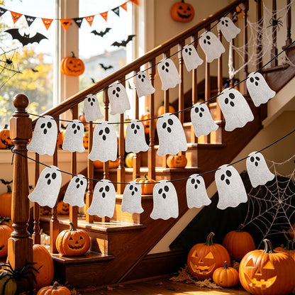 Vavious Halloween Party Banner Cute 4 Pcs Halloween Ghost Banners Indoor for Fireplace Spook Garland Hanging Bunting Sign for Wall Windows Indoor Easter Party Decor White