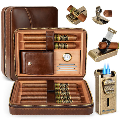 Usewire Cigar Humidor, Leather Cigar Case with Cigar Lighter, Built-in Straight Cigar Cutter and Cigar Punch, Travel Cigar Humidor with Humidifier and Cedar Tray, Cigar Accessories Set for Men