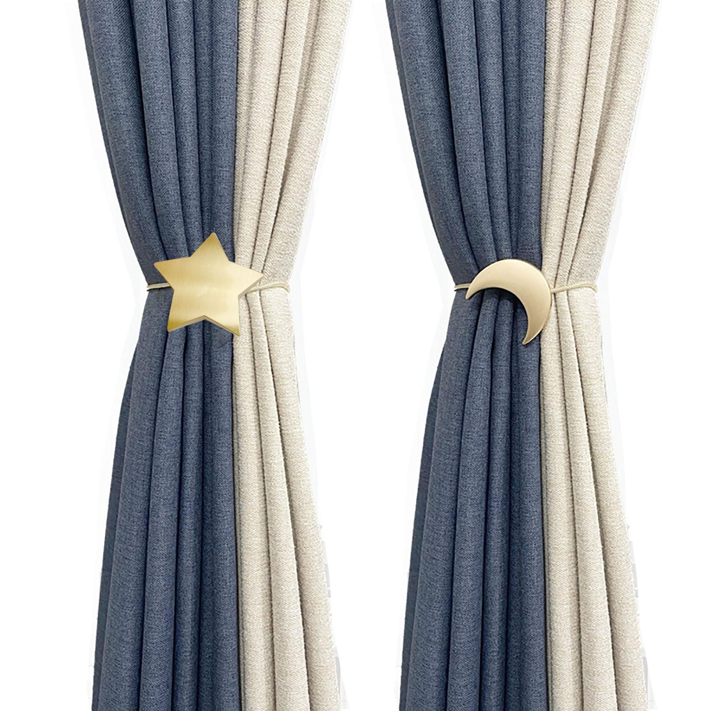 Magnetic Curtain Tiebacks Clips Decorative Rope Holdbacks 1 Pair Gold Moon and Star Shape Window Curtain Drape Tie Backs for Window Draperies Hold, Bedroom Home Décor (1pc Moon +1pc Star)