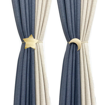 Magnetic Curtain Tiebacks Clips Decorative Rope Holdbacks 1 Pair Gold Moon and Star Shape Window Curtain Drape Tie Backs for Window Draperies Hold, Bedroom Home Décor (1pc Moon +1pc Star)