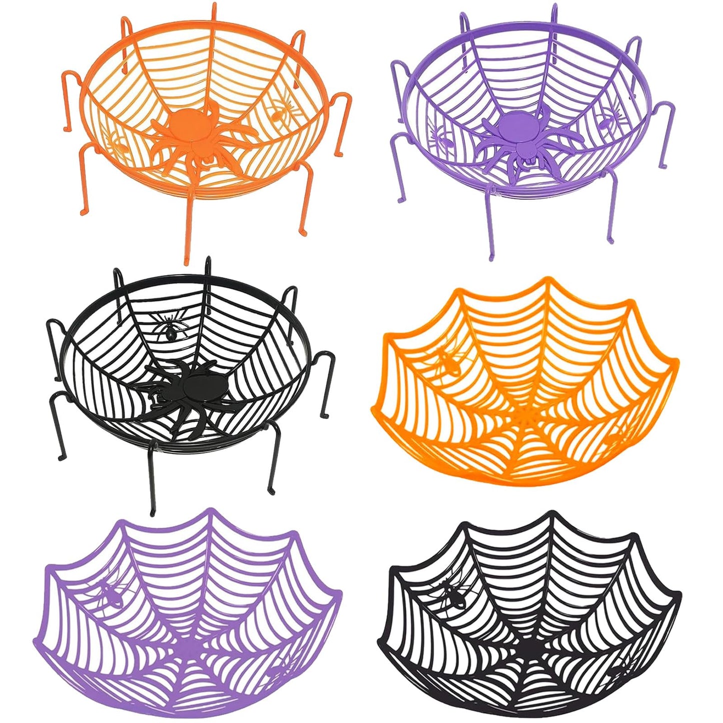 6 Pcs 11Inch Halloween Candy Bowl Set, Spider Web Design, 3 with legs & 3 without, Black/Orange/Purple—Haunted House Table Decor, Trick-or-Treat, Party Supplies, Eye-catching even without candies