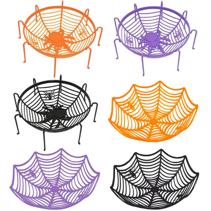 6 Pcs 11Inch Halloween Candy Bowl Set, Spider Web Design, 3 with legs & 3 without, Black/Orange/Purple—Haunted House Table Decor, Trick-or-Treat, Party Supplies, Eye-catching even without candies