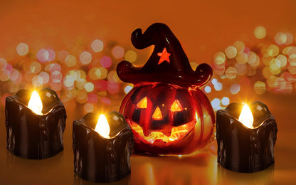 Renbuzhu 24Pcs Halloween Decorations Indoor Candles Black Tea Lights: Led Flameless Tealight Battery Operated Table Decor with Spider Webs (No Timer&Remote)