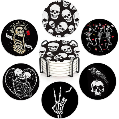 Coaster for Drinks Set of 6, Skeleton Skull Absorbing Round Ceramic Stone Coaster with Cork Base,Tabletop Protection Mat for Mugs and Cups,Coffee Table Wine Glass Home Bar 4 Inch