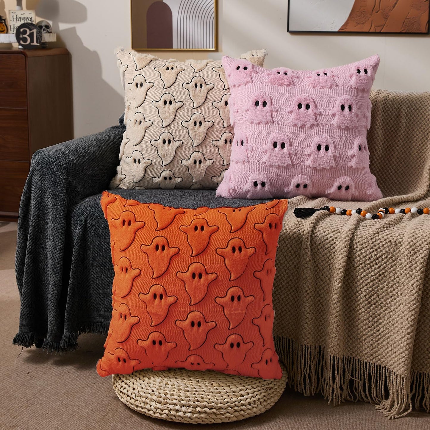 DFXSZ Halloween Pillow Covers 18x18 inch Set of 2 Black Eyes Orange Ghost Throw Pillow Cases Soft Plush Faux Fur Wool Couch Cushion Case for Chair Sofa Bedroom Living Room Home Decor PTK056C18