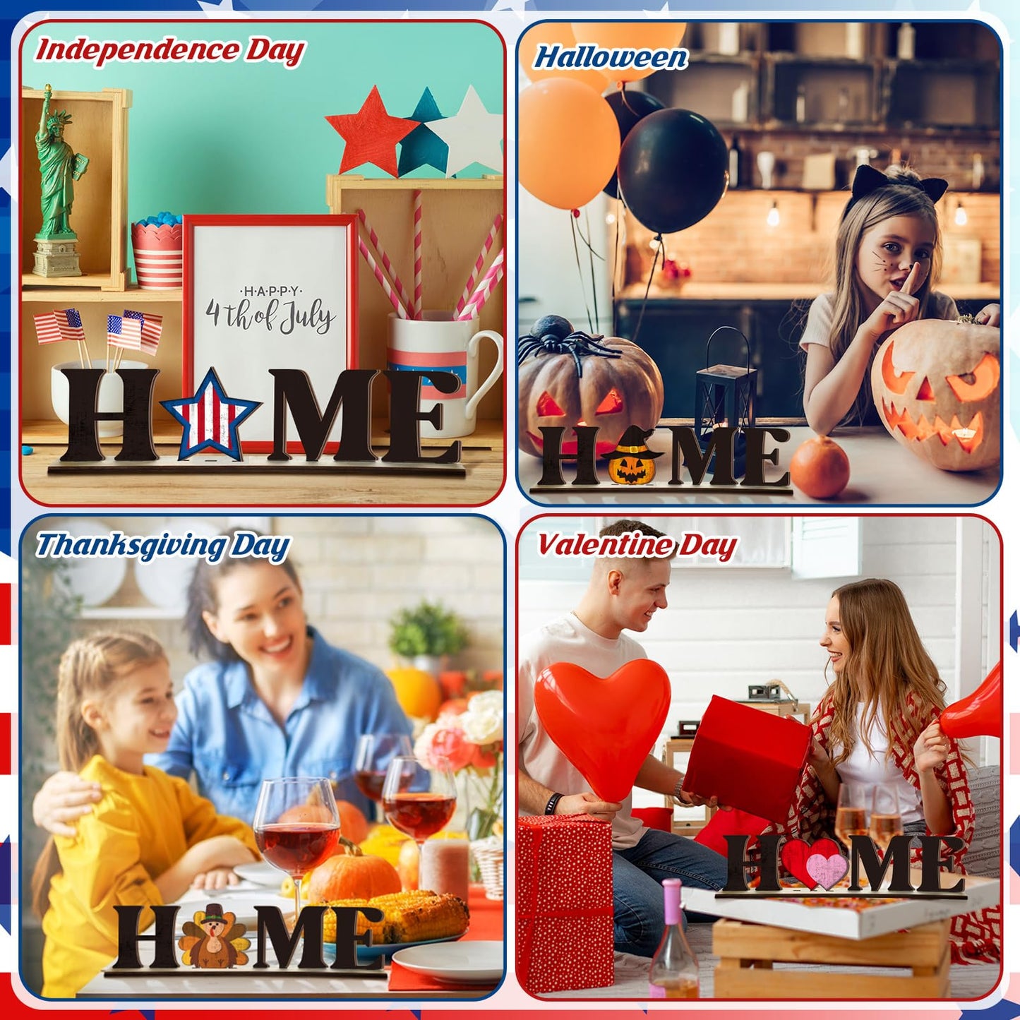 Wonderjune Interchangeable Seasonal Decor 250th 4th of July Independence Day Home Tabletop Sign with 20 Pcs Icons Home Wooden Sign for All Seasons Windowsill Shelf Mantel Decorations