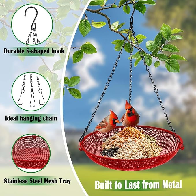Hanging Bird Feeder for Outdoors – 12 in Platform Bird Feeder, Metal Mesh Seed Tray for Wild Birds, Red