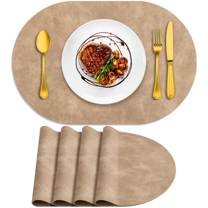 ADRIMER Placemats, Heat Resistant Oval Placemats Set of 4 Washable 12 x 17 Inch, Waterproof Table Placemats Set of 4, Wipeable Faux Leather Placemats for Kitchen, Dining Room, Apricot