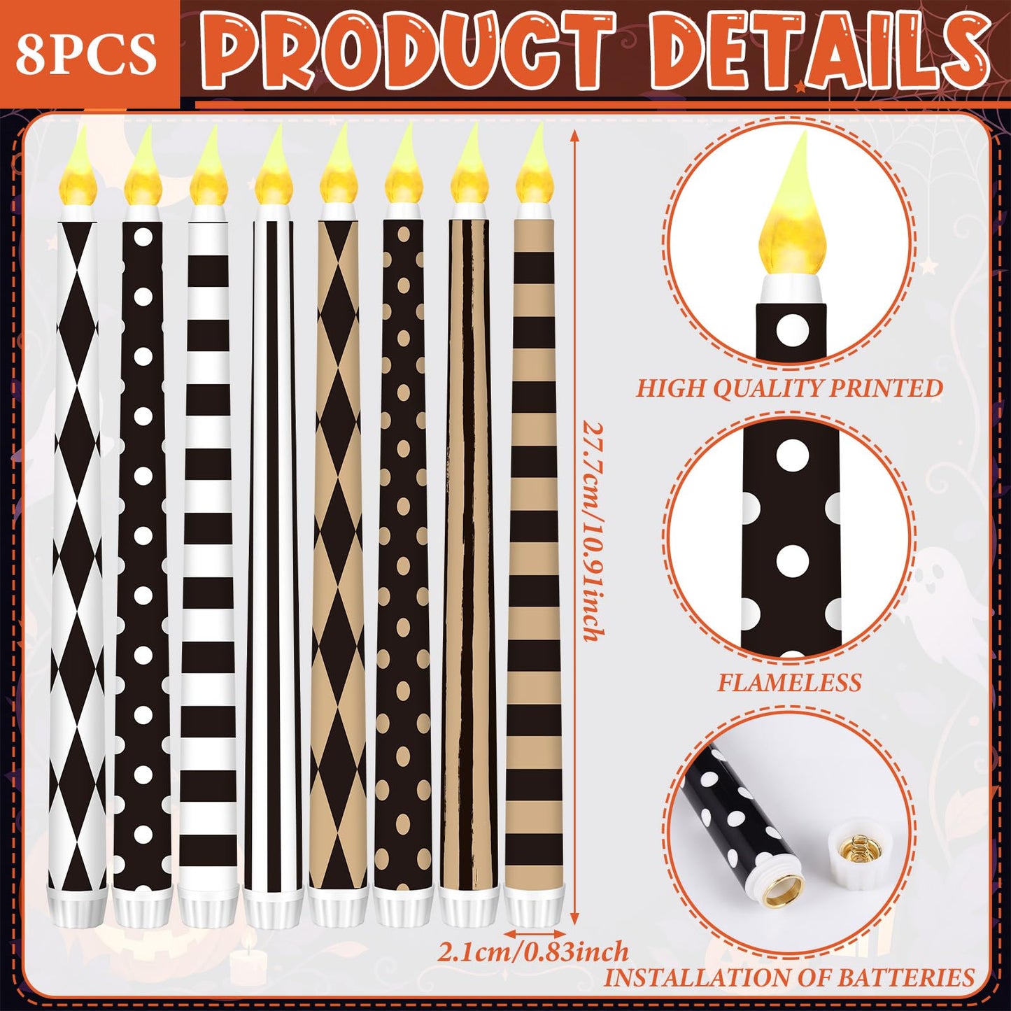Lounsweer 8 Pcs Halloween Flameless Taper Candles 10.6 Inch LED Black and White Striped Flameless Candles Flickering Battery Operated Plastic Flickering LED Candlestick for Window Home Party Decor