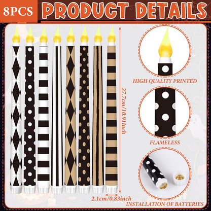 Lounsweer 8 Pcs Halloween Flameless Taper Candles 10.6 Inch LED Black and White Striped Flameless Candles Flickering Battery Operated Plastic Flickering LED Candlestick for Window Home Party Decor