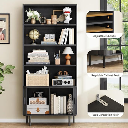 ONBRILL 71" Tall Bookshelf, 4-Tier Bookcase with Storage Cabinet & Adjustable Shelves, Floor Standing Wooden Bookshelf with Sliding Door and Adjustable Footpad, for Home Office, Living Room, Black