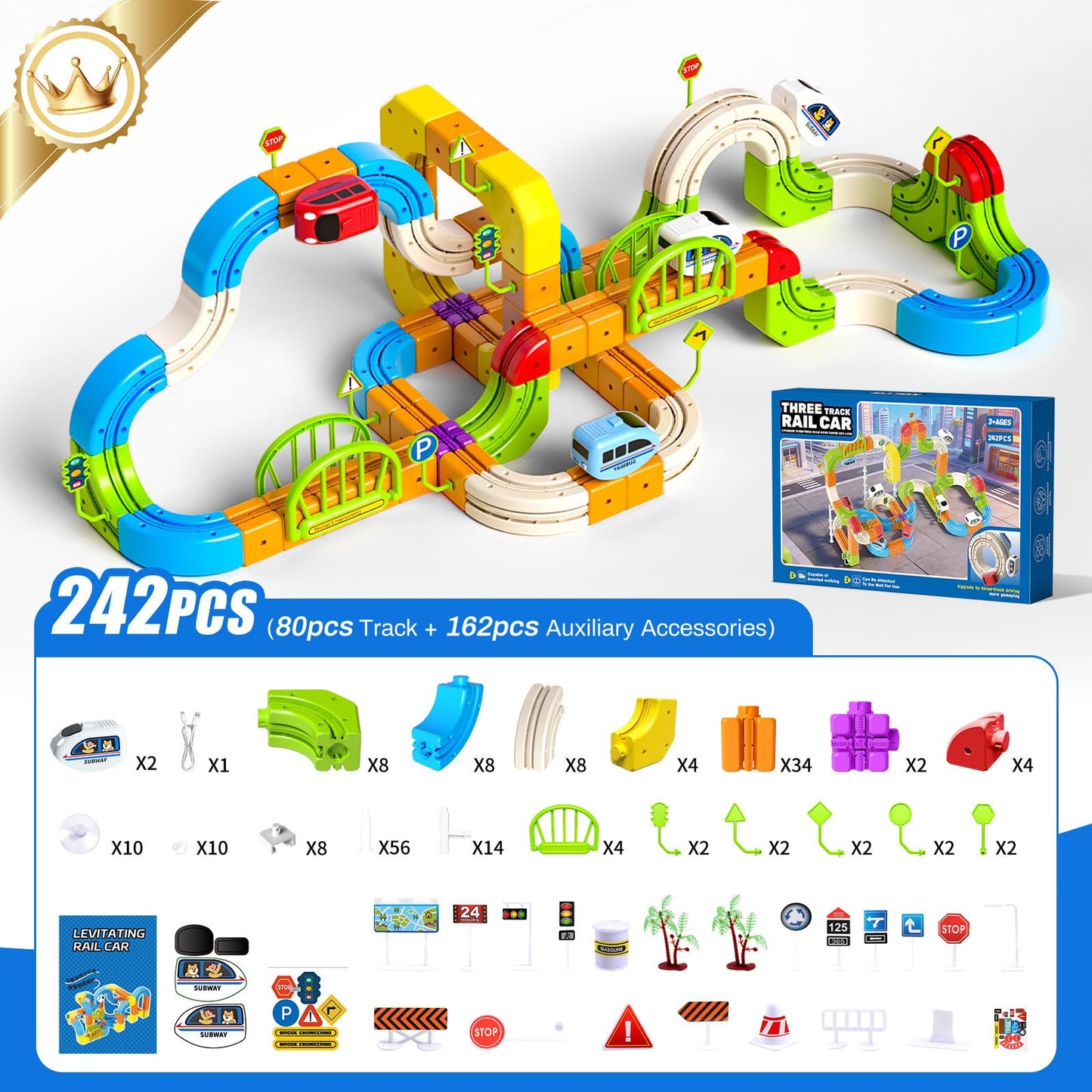 LWuuywa Electric Train Set for Kids, 242Pcs DIY Cube Track Block Toy with Traffic Signs, Gravity-Defying Motorized Trains Tracks Toys for Boys Girls Ages 3+, STEM Learning Fun Gift