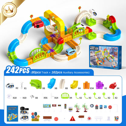 LWuuywa Electric Train Set for Kids, 242Pcs DIY Cube Track Block Toy with Traffic Signs, Gravity-Defying Motorized Trains Tracks Toys for Boys Girls Ages 3+, STEM Learning Fun Gift