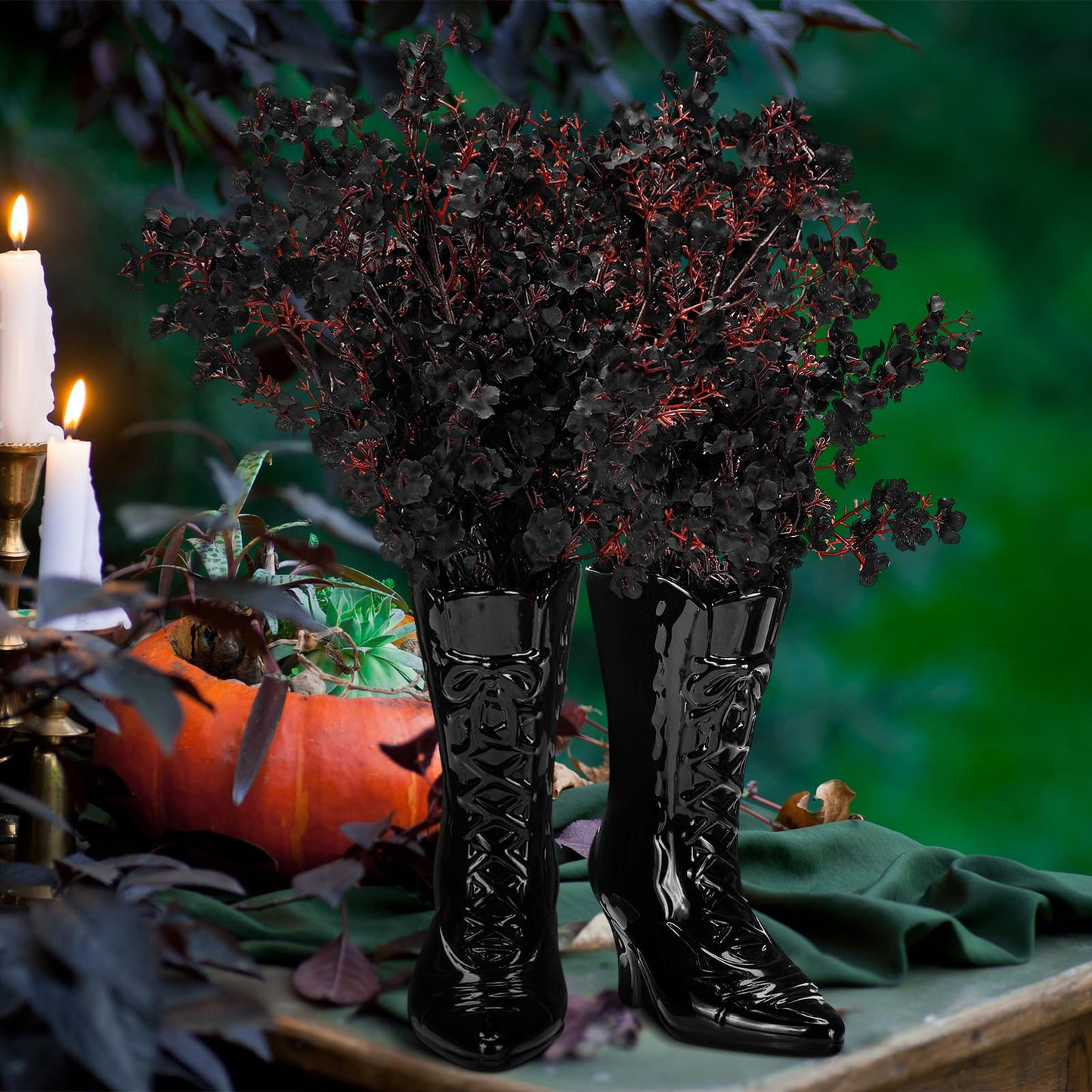Ninehaoou 1 Pairs Halloween Flower Vase 7.1 Inch Witch Boot Vase Black Ceramic Gothic Planter Halloween Table Centerpieces for Indoor Outdoor Home Office Decor