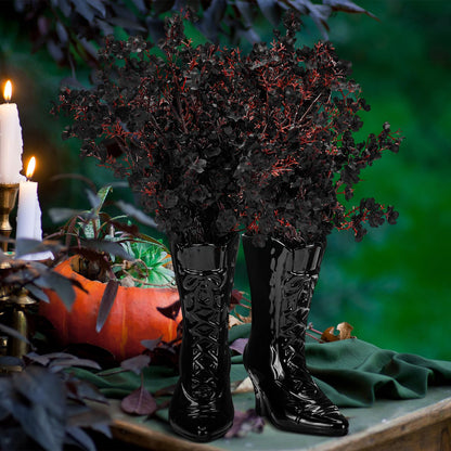 Ninehaoou 1 Pairs Halloween Flower Vase 7.1 Inch Witch Boot Vase Black Ceramic Gothic Planter Halloween Table Centerpieces for Indoor Outdoor Home Office Decor
