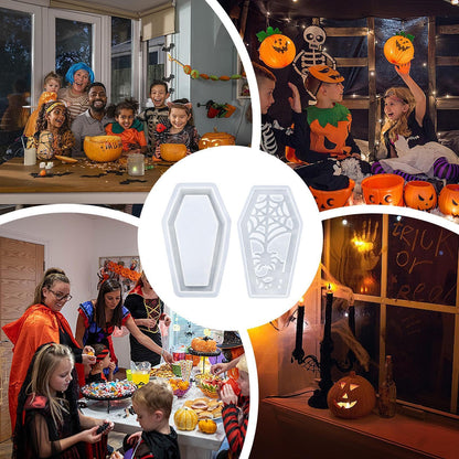 MUAECH 7 Packs Halloween Epoxy Resin Soft Silicone Molds, DIY Casting Halloween Coffin Trinket Box, Ghost, Spider, Bat, Pumpkin Plaster Mold, Handmade Art Craft Jewelry Storage Box Candle Stand Mould