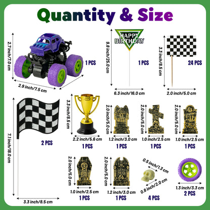Haooryx Monster Truck Cake Topper - 40Pcs Green and Purple Monster Truck Cake Decoration Racing Car Dessert Cupcake Topper for Kid Boy Birthday Truck Theme Party Baby Shower Table Decoration Supply