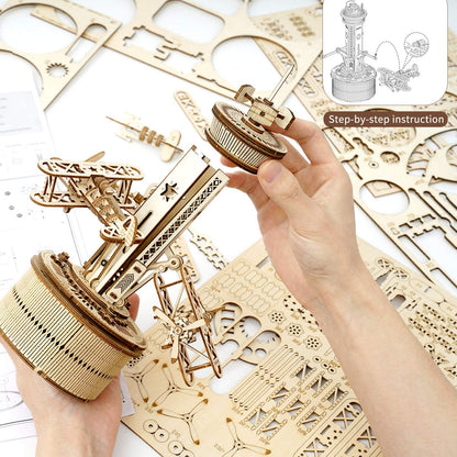 ROBOTIME 3D Wooden Puzzles for Adults DIY Musical Box Model Kit to Build Self-Assembly Building Kit Airplane-Control Tower