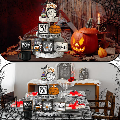 FairySandy 14 Pcs Halloween Tiered Tray Decorations Set Ghost Halloween Wooden Signs Rustic Farmhouse Pumpkin Boo Trick or Treat Blocks Table Sign Decorations for Home Party Favors