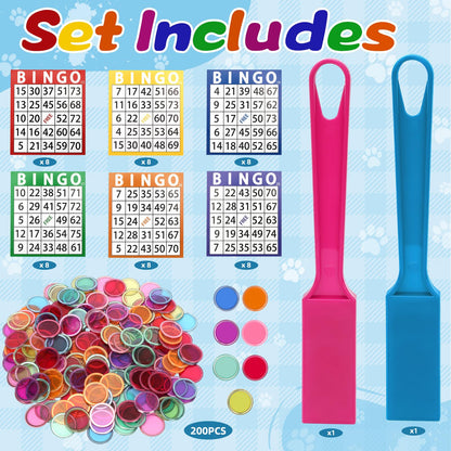 Coopay Magnetic Bingo Wand Chip and Game Card Set - 2 Pack Magnetic Wands, 200 Colorful Metal Chips, 48 Bingo Paper Cards for Kids Classroom Science Learning Counting Family Game Night Educational