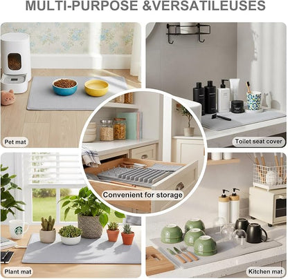 2-in-1 in Sink Dish Drying Rack with Dish Drying Mat,Space-Saving Dish Rack for Kitchen Counter,Foldable Dish Drying Mat with Rack,Quick Dry Dish Drainers for Kitchen Sink (Grey White)