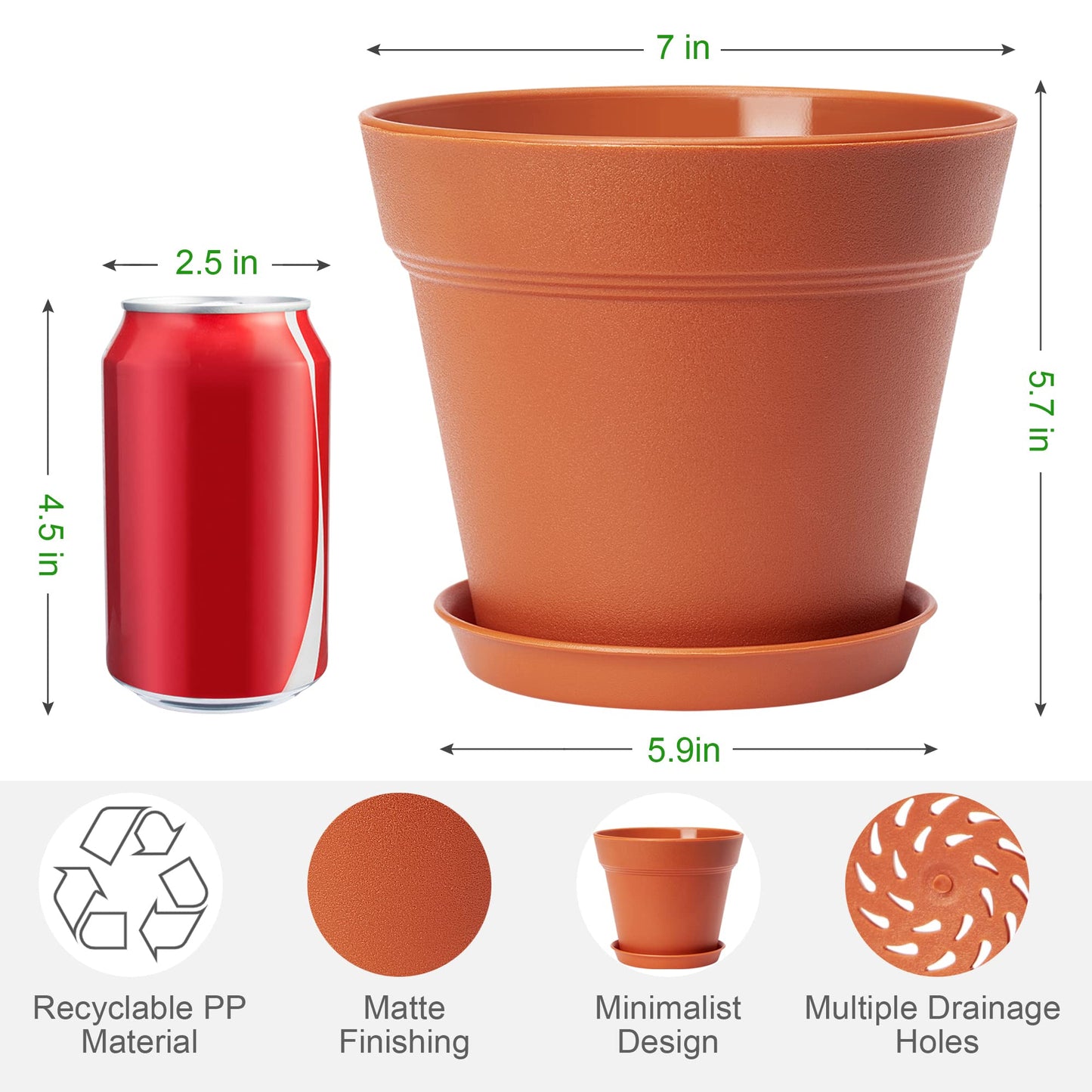 FHWTY 6 Pack Plastic Plant Pots with Drainage Holes and Tray, 7 inch Thickened Indoor Planters Seedlings Nursery Pots for Flowers, African Violet, Succulent and All House Plants, Terracotta