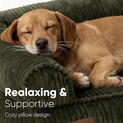 FUKUMARU Cute Dog Bed, Thickened Orthopedic Dogs Couch, 36in Egg Crate Foam Pet Sofa for Medium to Large Dogs, Waterproof Warm Corduroy Pet Bed with Washable Cover, Green