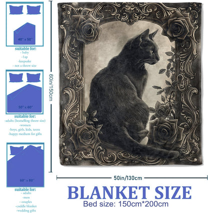 Plistiz Goth Black Cat Elegance Throw Blanket 50x60 Inch, Floral and Gothic Blankets for Unique Home Decor, Flannel Polyester, Black Cat for Cat Lovers Women