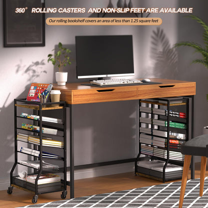ThreeHio 7 Tier Rolling File Cart with Sliding Trays, Wood Metal File Organizer Beside Desk, Free-Standing File Holder, Paper Letter Tray Organizer Mesh Desk Organizer for Home Office School (Patent)