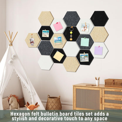 16Pcs Hexagon Felt Cork Board Tiles Self Adhesive Hexagon Wall Tiles with 60 Push Pins 20 Wooden Clips DIY Bulletin Board Pin Boards for School Office Home Photos Memos Display (Black Grey)
