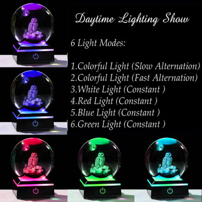 Qianwei Owl Gifts for Women 3D Crystal Ball 3.14'' - Laser Owl Decor Glass Animals Bird Figurines Statue Stuff for Room Decorations Bird Night Light