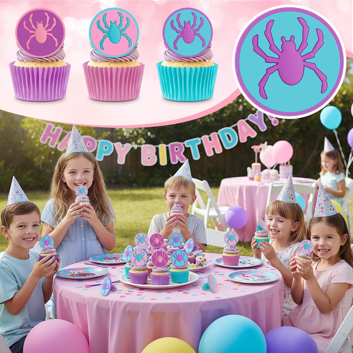 RoundFunny 48 Pcs Spider Cupcake Toppers Cake Decorations Spider Birthday Party Decoration Cupcake Dessert Rings Toppers for summer Party Gifts Classroom Prizes(Teal/Purple/Pink)