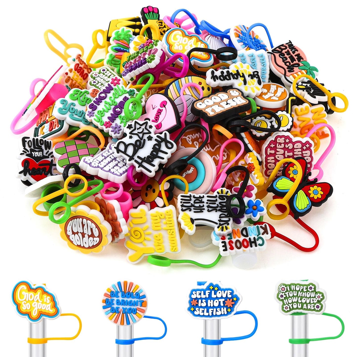XLSXEXCL 50 Pcs Love Myself Straw Cover Cap Compatible with Stanley Cup, Silicone Cute Reusable Straw Toppers for Cups 30&40 Oz Tumbler Accessories 10mm