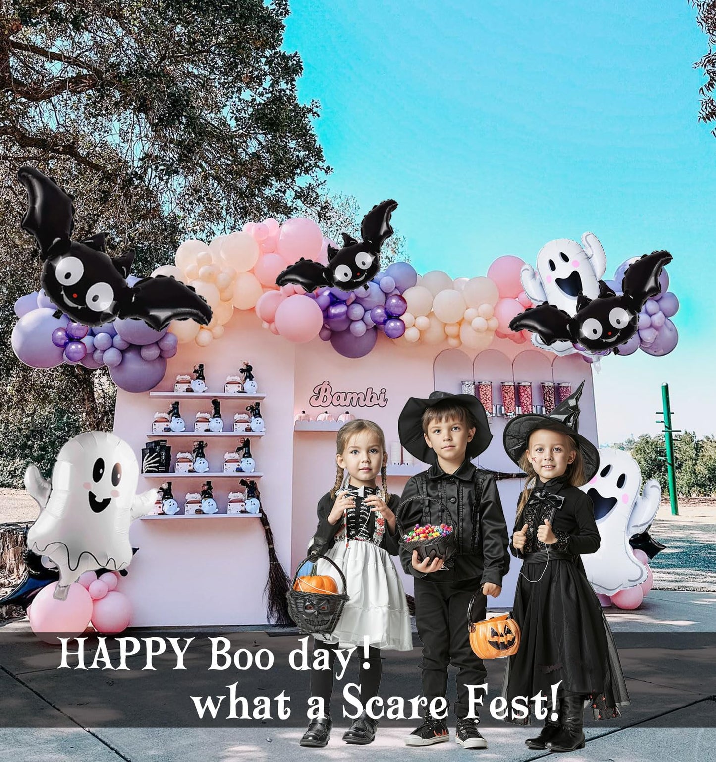 Pastel Halloween Birthday Balloon Garland arch Kit 130 Pcs Purple Pink Orange Balloons + Bat Ghost Mylar Balloons for Spooky Halloween Arch Booday Summerween birthday Party Decorations