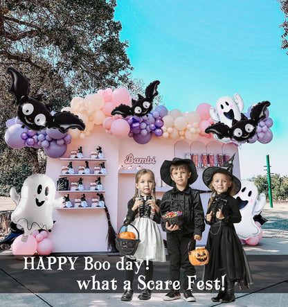 Pastel Halloween Birthday Balloon Garland arch Kit 130 Pcs Purple Pink Orange Balloons + Bat Ghost Mylar Balloons for Spooky Halloween Arch Booday Summerween birthday Party Decorations