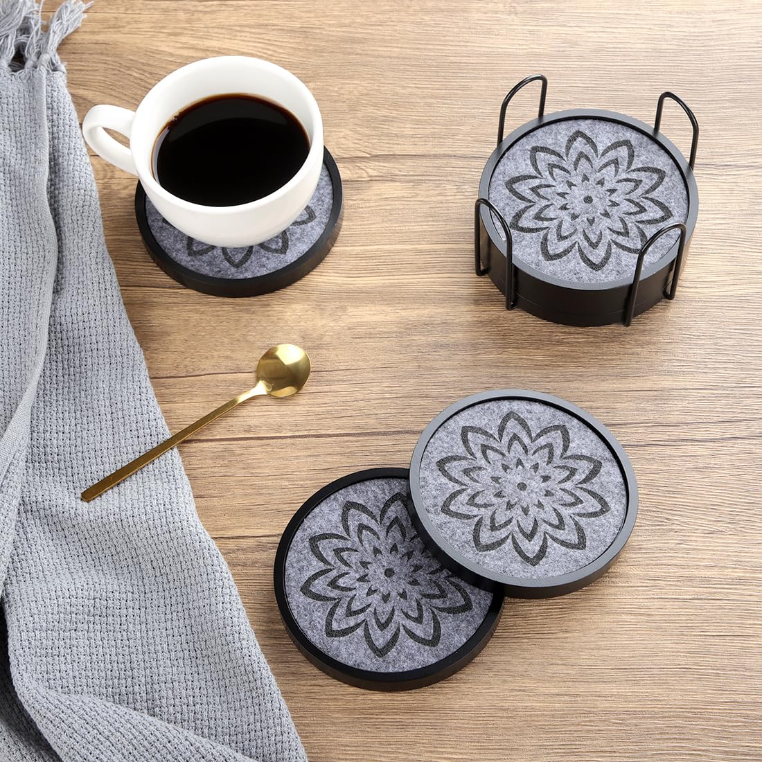 LiWiBet Elegant Black Wood Coasters with Gray Felt & Holder Non Stick, Absorbent Drink Coasters Set of 6 4.33in Rustic Wooden Coaster for Coffee Tabletop Protection Suitable for Kinds of Cups