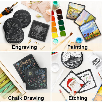 MAPRIAL Slate Drink Coasters with Holder, 4 Inch 12 Pieces Square Rustic Coasters Black Stone Coaster Set with Anti-Scratch Backing for Laser Engraving, Home Decor, Kitchen, Protect Table, Gifts