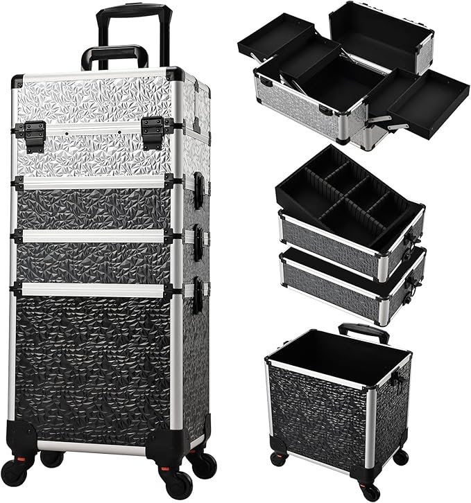 Stagiant Rolling Makeup Train Case Cosmetology Case on Wheels 4 in 1 Large Cosmetic Case with Wheels Makeup Travel Case with Keys Nail Kits Organizer Artist Salon Storage Traveling Cart Trunk Tricolor