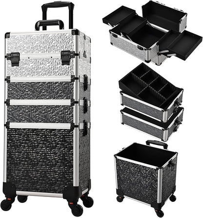 Stagiant Rolling Makeup Train Case Cosmetology Case on Wheels 4 in 1 Large Cosmetic Case with Wheels Makeup Travel Case with Keys Nail Kits Organizer Artist Salon Storage Traveling Cart Trunk Tricolor